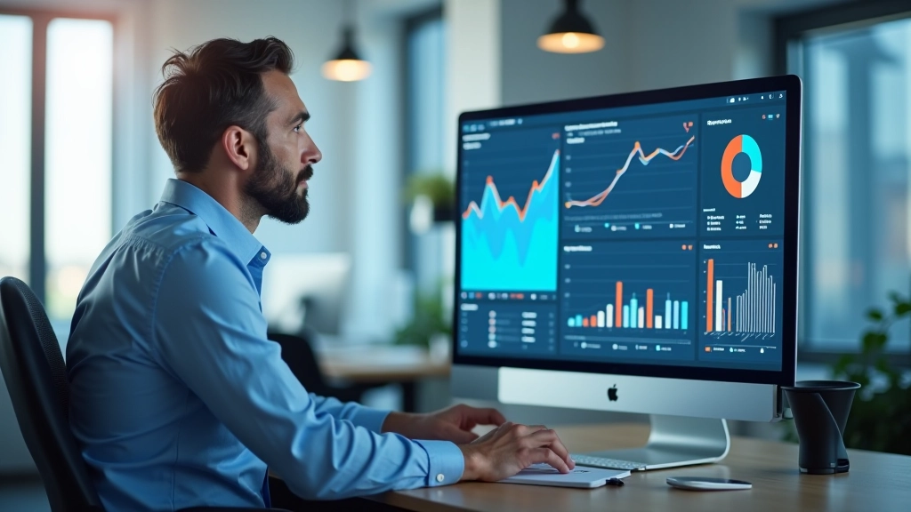 Person reviewing analytics report on desktop screen with graphs and KPI metrics displayed
