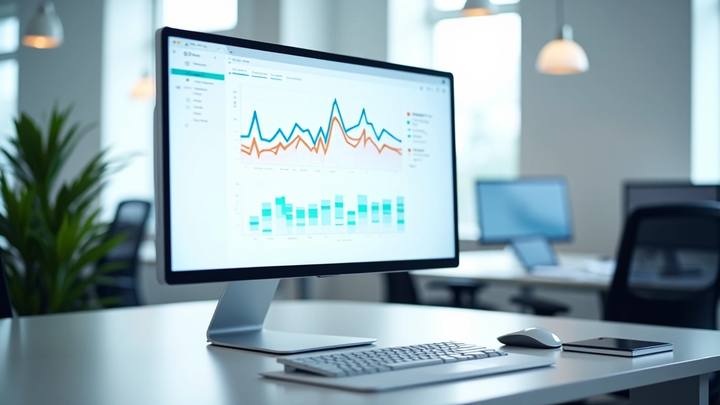Close-up of analytics dashboard on desktop monitor showing key performance indicators and trend graphs