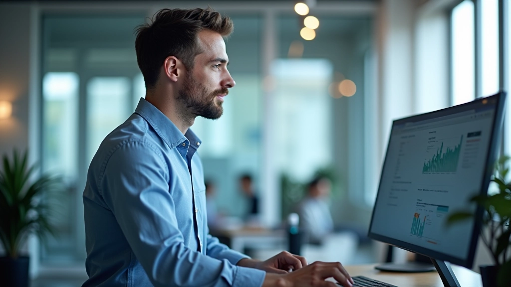 Person working at standing desk with multiple monitors showing analytics and reporting tools