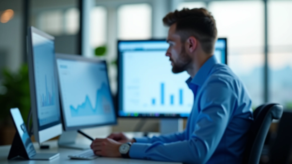 Marketing professional reviewing SEO metrics on computer monitor in bright office environment