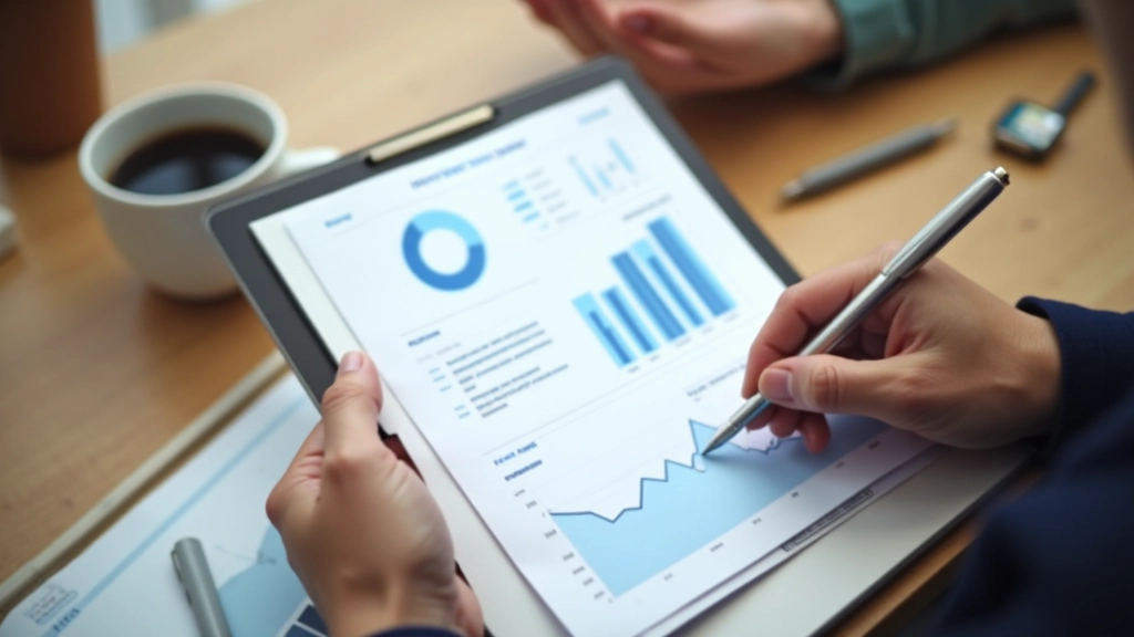 Hands working with printed analytics report and digital tablet showing dashboard metrics