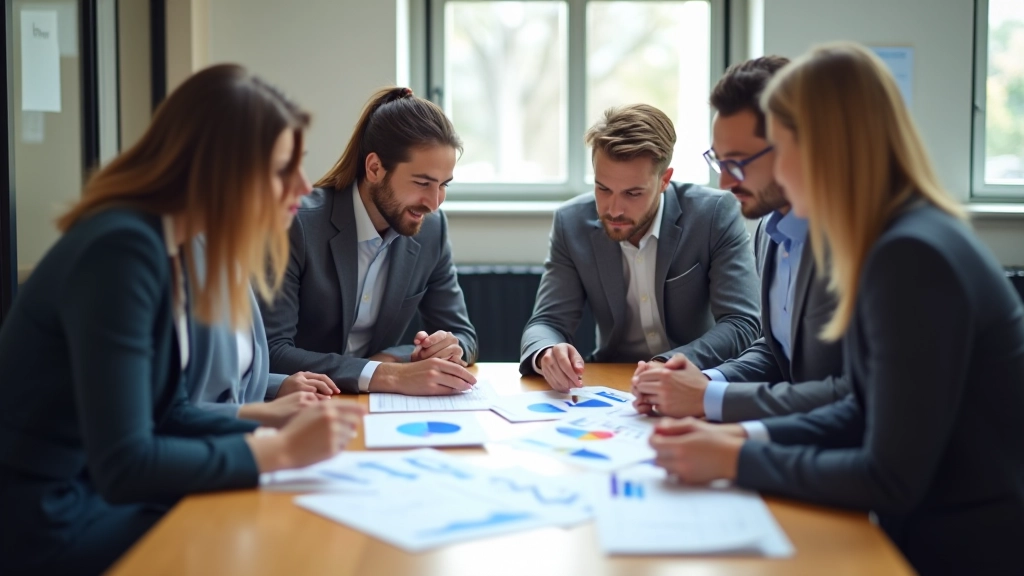Marketing team collaborating around a table with analytics reports and performance metrics displayed