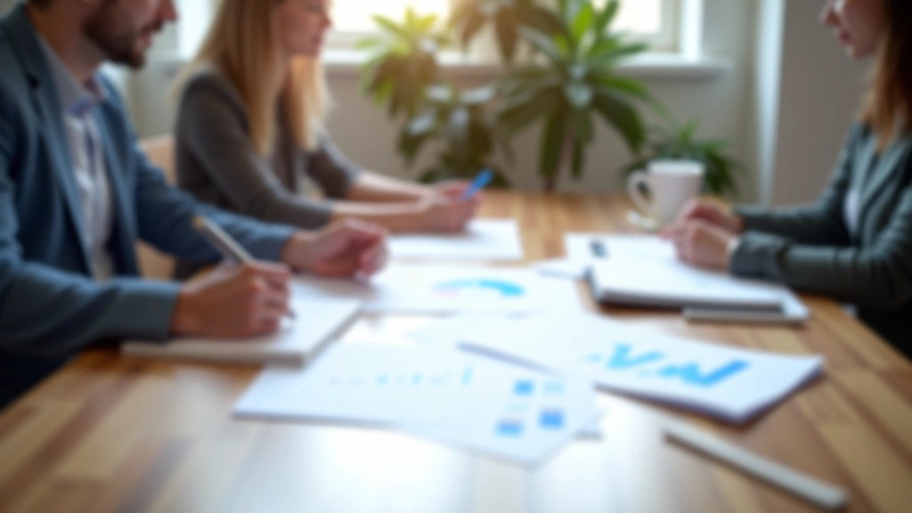 Team of three professionals reviewing printed analytics report at conference table with notepads