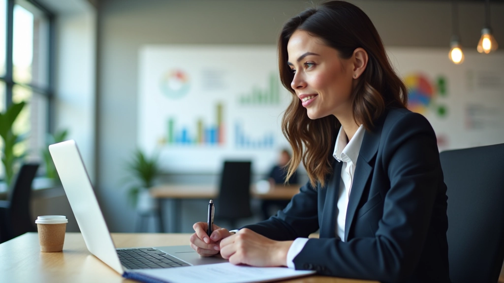 Professional woman in business attire reviewing analytics dashboard on laptop