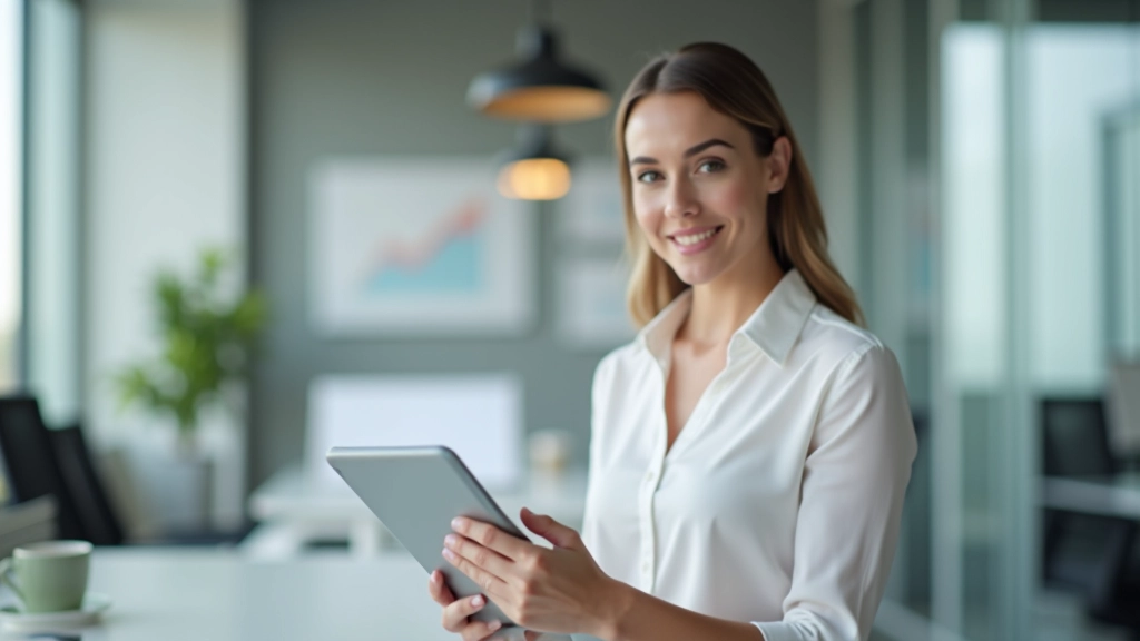 Woman holding tablet device showing analytics graph with green upward trending line