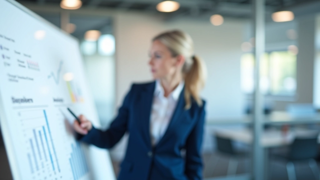 Business professional pointing at whiteboard with competitive analysis and market positioning notes